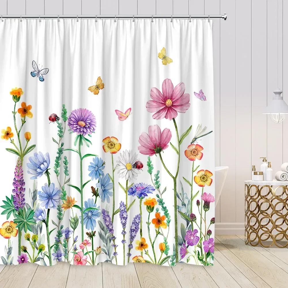 Ensemble de Rideaux de Douche Floraux Peints à la Main Fleurs Aquarelle Plantes Coquelicots Papillon Simple Polyester Décor de Salle de Bain Nordique Crochets