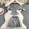 Summer Women College Style Knitted Sweater Two Piece Set Girl Polo Collar Pullover Top and Mini Pleated Skirt Suit