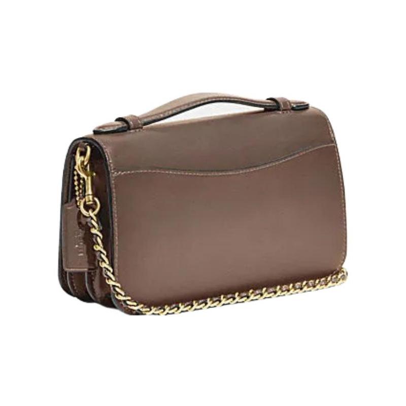 Coach Bea 20 Gold Logo Embossed Nameplate Flap Zipper Calf Leather Envelope Bag Shoulder Crossbody Bag Small Women's Dark Stone Gray