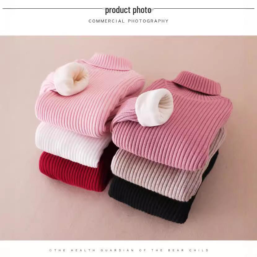Children's Slim Fit Knit Sweater with High Neck and Velvet Lining for Autumn and Winter.