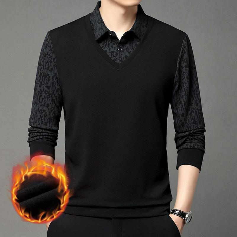 Plus Velvet Men's Long-sleeved T-shirt Winter Vacation Two-piece Middle-aged Lapel Thickened Warm T-shirt Men's Bottoming Shirt