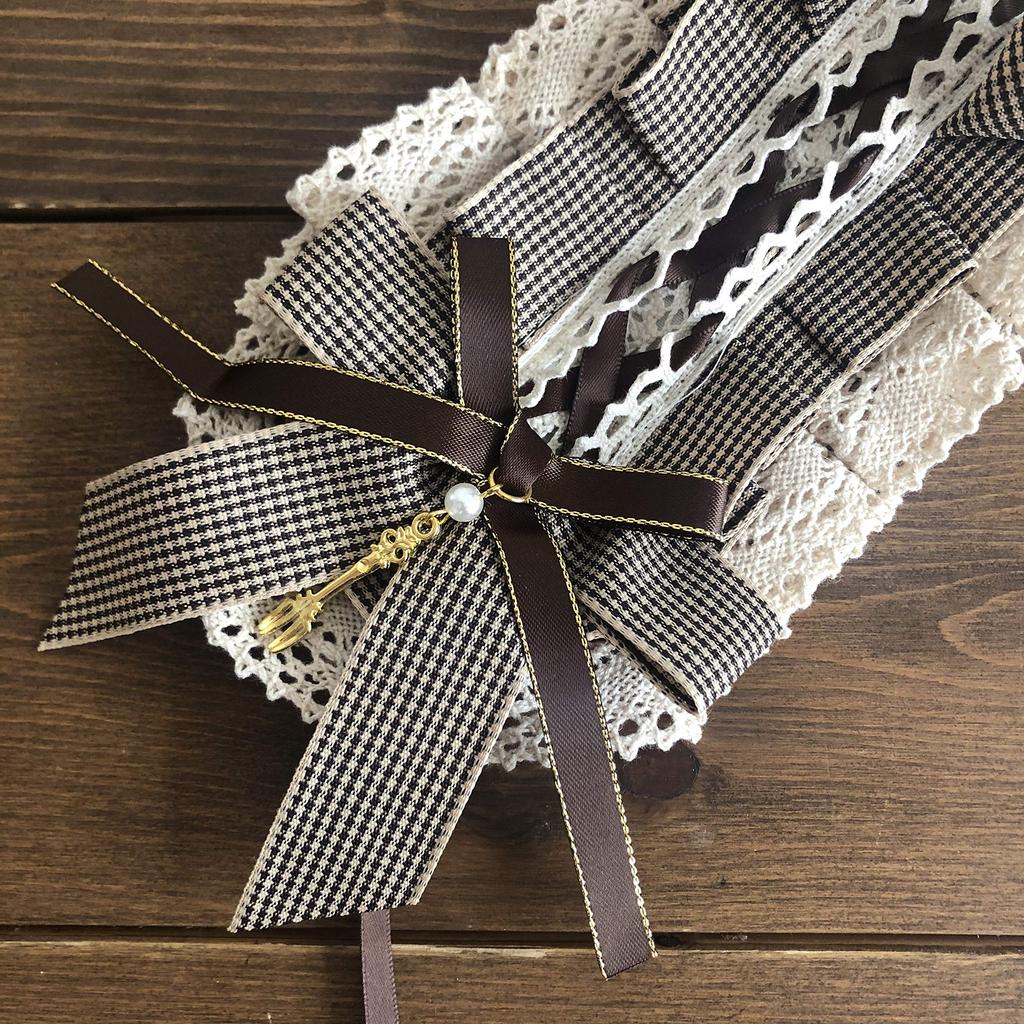 Lolita Check Lace Headband for Gothic Cosplay Hair Cute Maid Cafe Hair Accessory Women, Ruffled, Lolita, Ribbon, Ornament, [J's Select] (Brown)