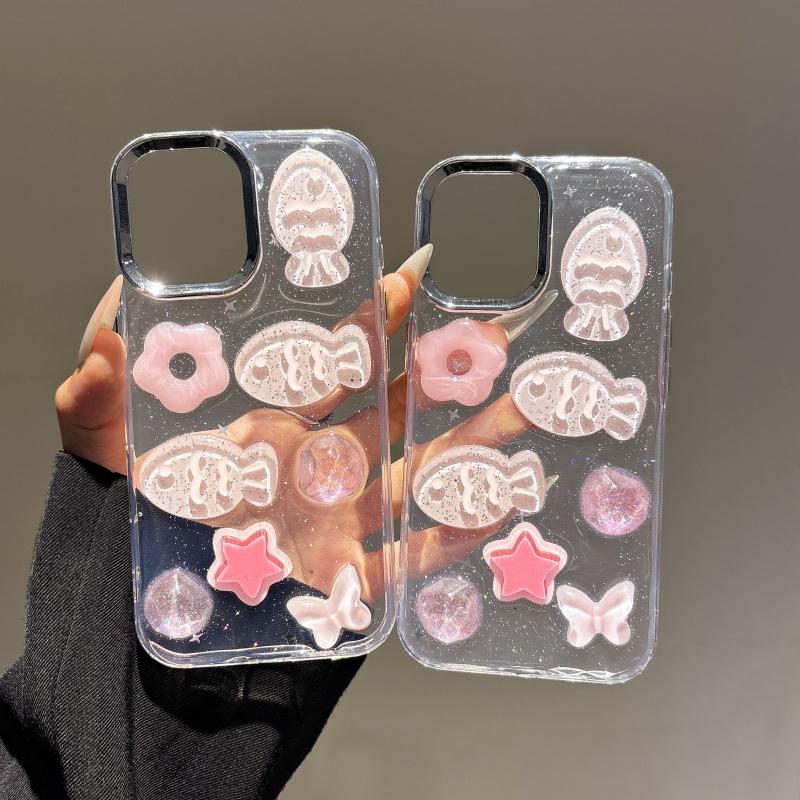 Luxurious high-end epoxy resin handcrafted 3D pink small fish phone Case, suitable for iPhone 16 Pro Max 15 14 Plus 13 12 Pro 11 shockproof Cover