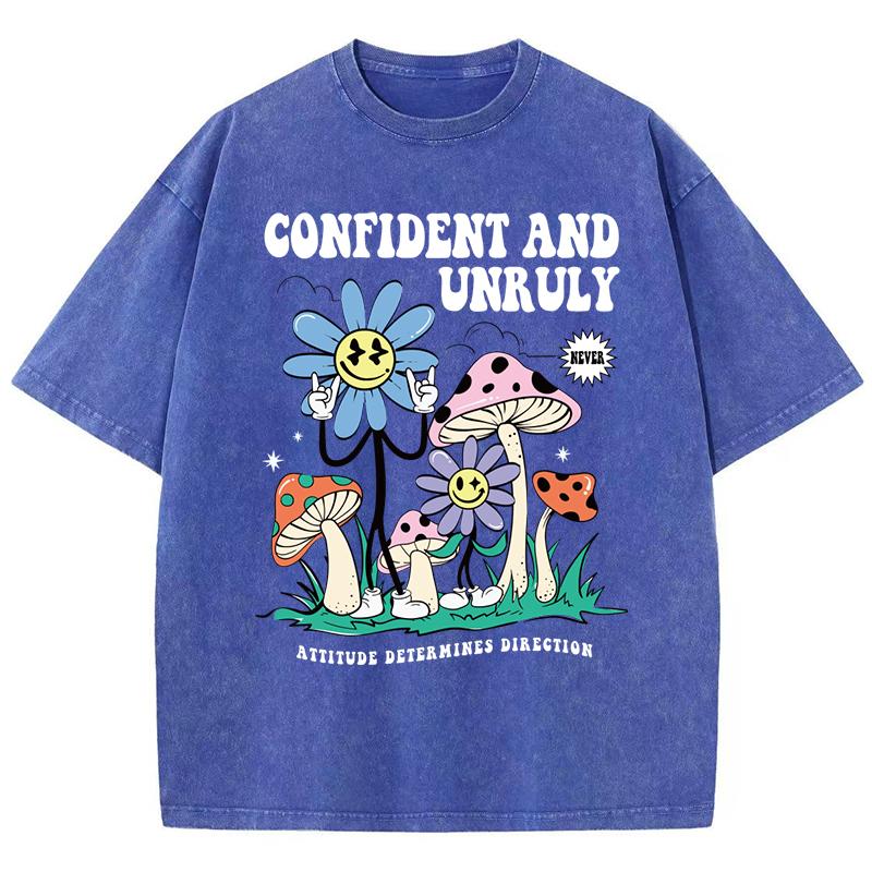 Confident And Unruly Mushroom Flowers Printed Washed T-Shirts Women Summer Cotton T Shirt Comfortable Loose Top Clothes