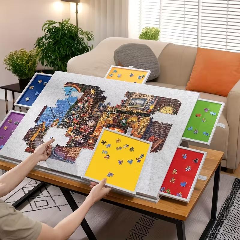 Jigsaw Puzzle Table, Children's Felt Jigsaw Puzzle Board with Stand Cover, 6-drawer Portable Felt Puzzle Table