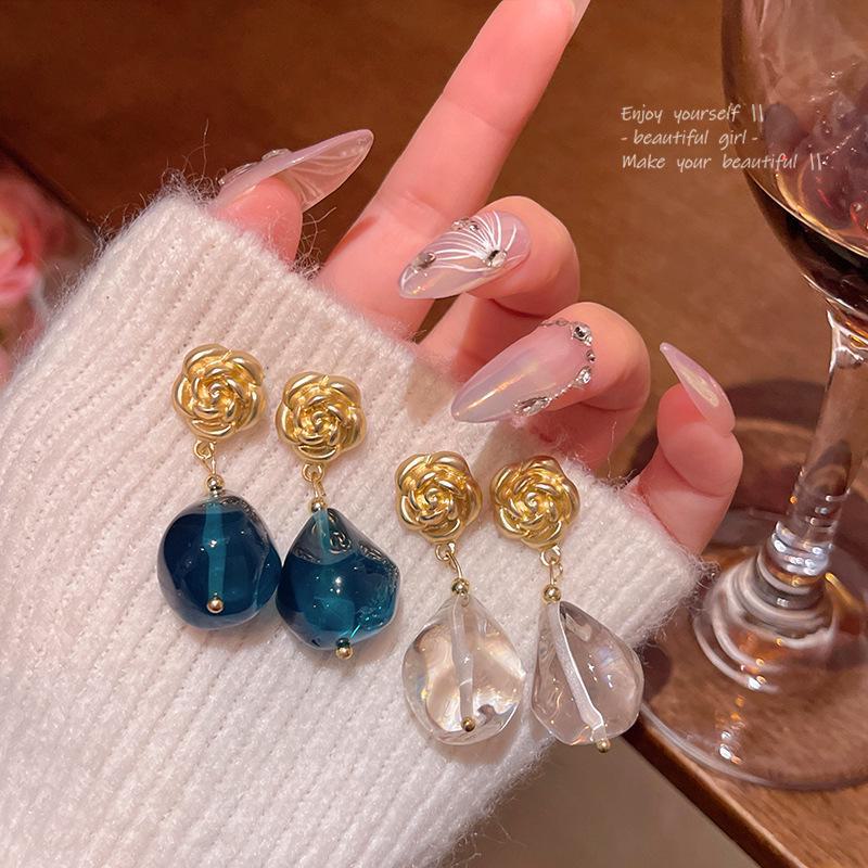 Korean Rose Teardrop Earrings: Green Crystal In French Retro Style for Women