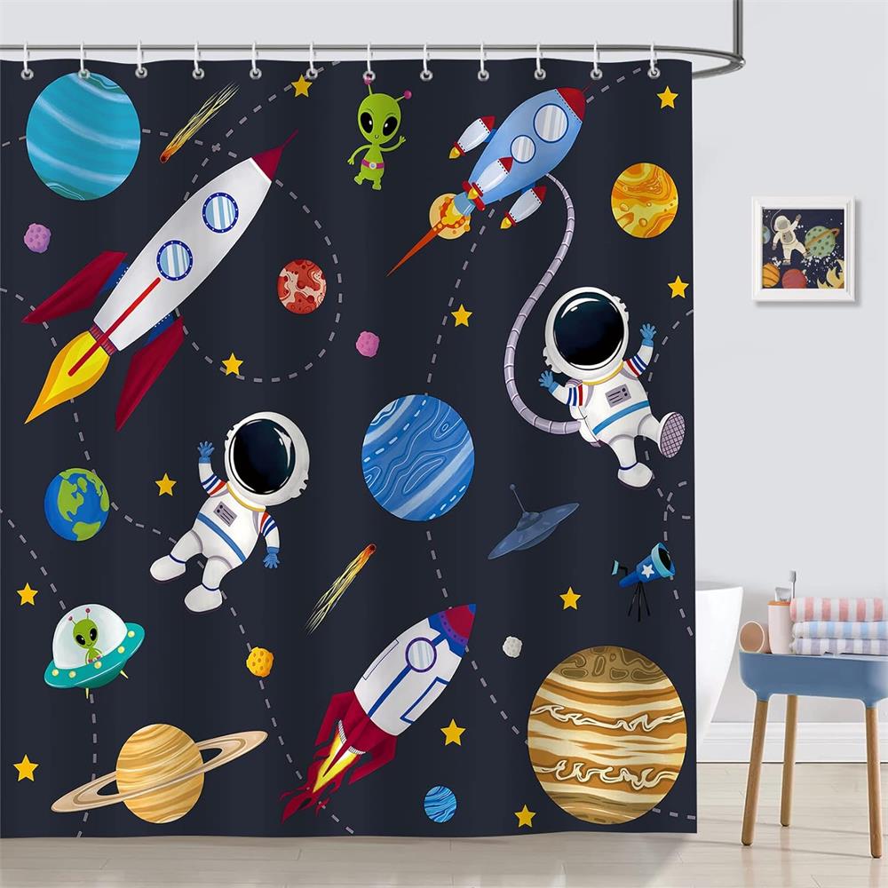 

Kids Outer Space Funny Shower Curtains Astronaut Quotes Cartoon Galaxy Planets Child Cute Rocket Art Printed Home Bathroom Decor 90x180cm-35x70in