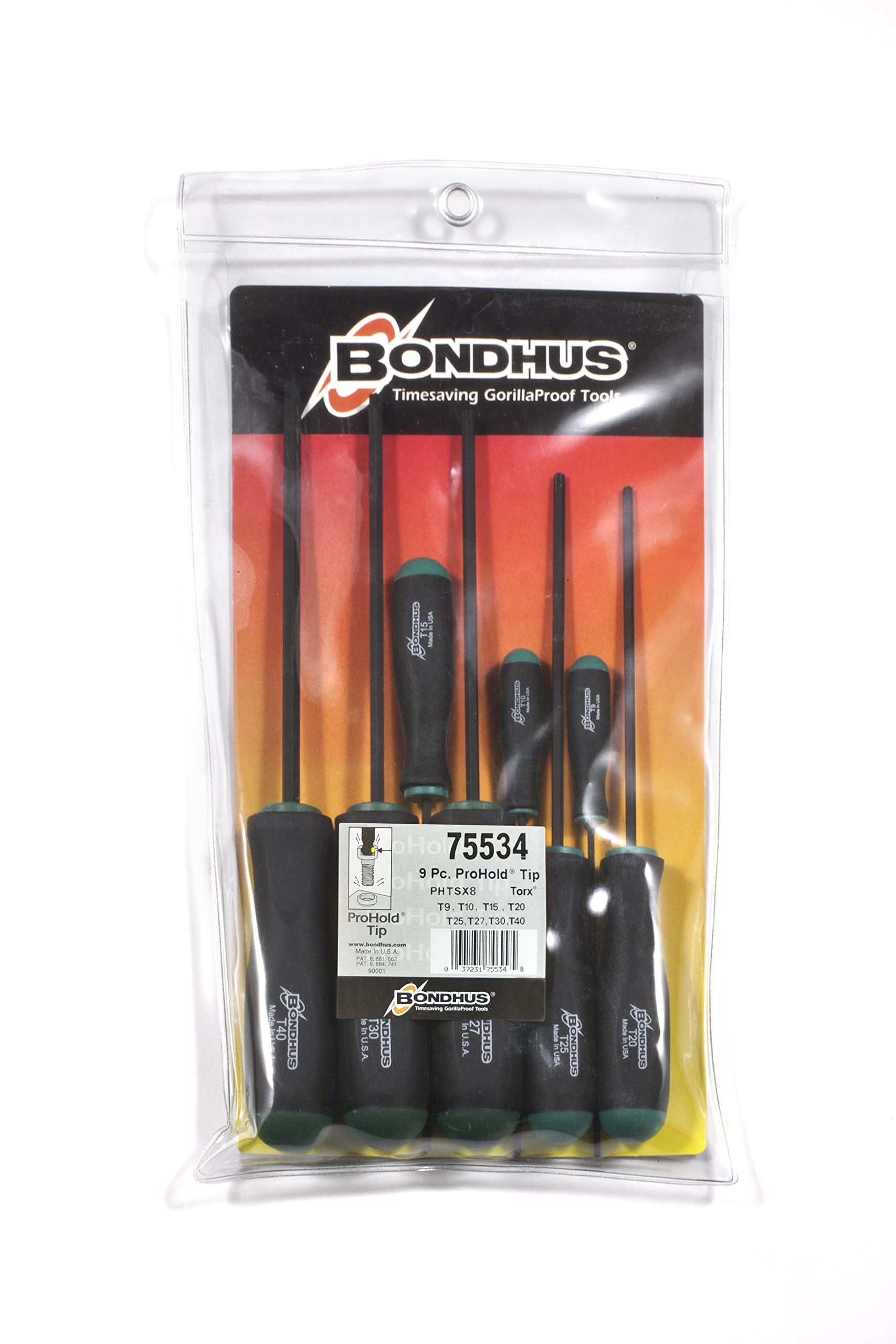 

Made in the BONDHUS Screwdriver Set Screw Grip Black Oxide Set PHTSX8 75534 USA, Torx® ProHold® (with Function), Finish, 8-Piece (T9, T10, T15, T20, чорний