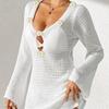 Sexy Deep V Cutout Trumpet Sleeve Beach Cover-up Bikini with Hand-hooked Flower Decoration As An Outer Dress