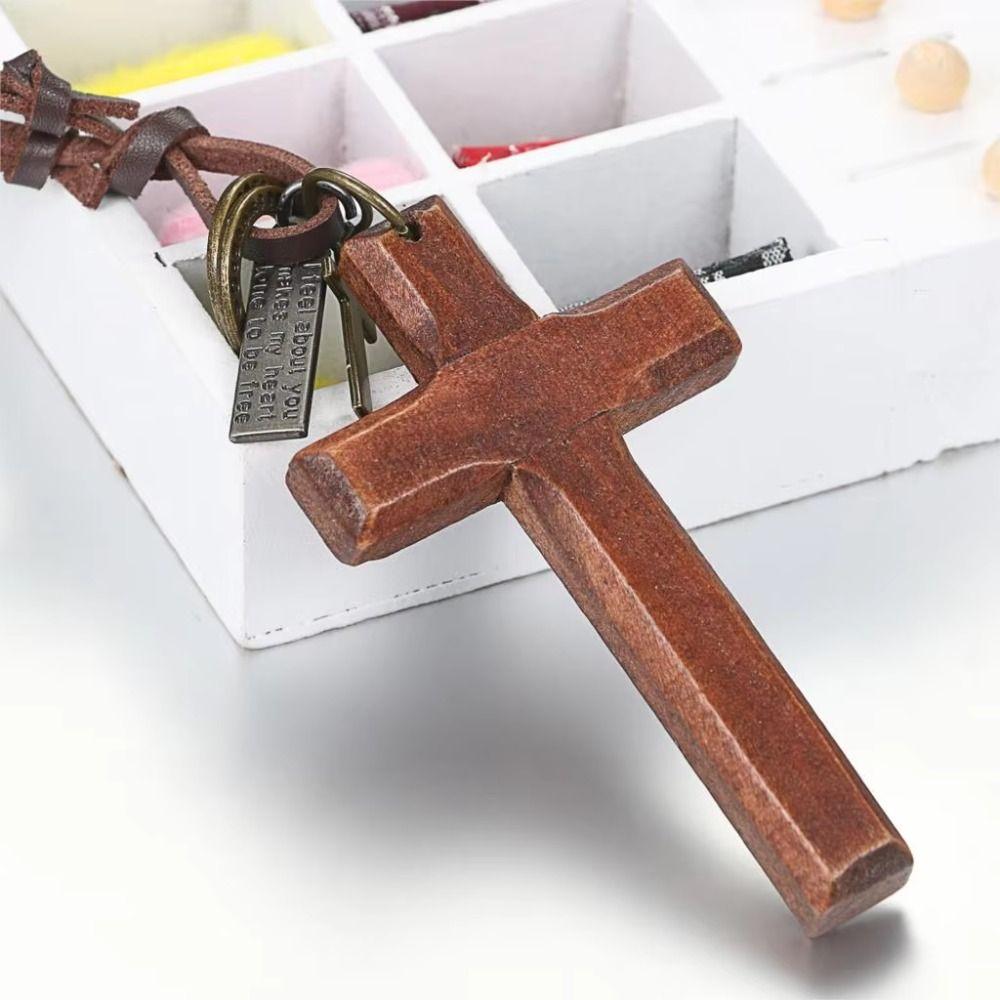 Metal Tags Wood Cross Necklace Religious Crucifix Pendant Chain Handmade Cross Necklace Christian