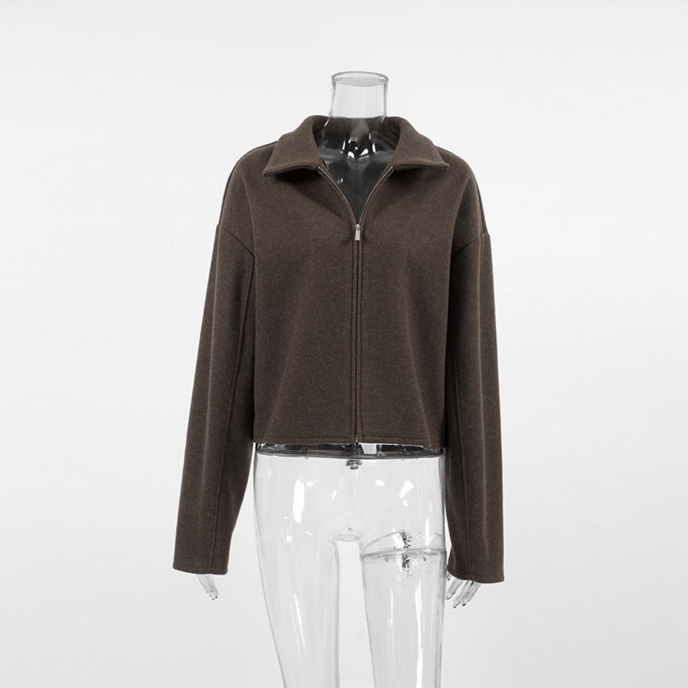 Fashion Brown Zipper Jacket For Women Elegant Lapel Long Sleeve Short Coats Female Vintage Lady Street Outerwear
