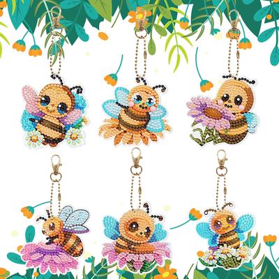 6 Pcs Double Sided Diamond Art Keyring Special Shape Diamond Painting Keychain Cute Bees for Zipper Charm and Bag Charms Pendant