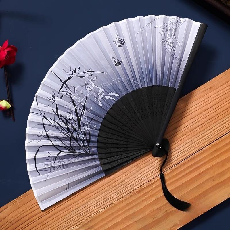1Pc Chinese Ancient Style Flower Women Folding Fan with Tassel Fringe Hanfu Cheongsam Dance Fan Photo Props Summer Handheld Fan