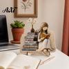 Exquisite Desktop Figurine Decor Wooden Reading Girl Figurine, Stable Pastoral Style Statue Decorative for Desk Decor, Artistic Healing Ornament,