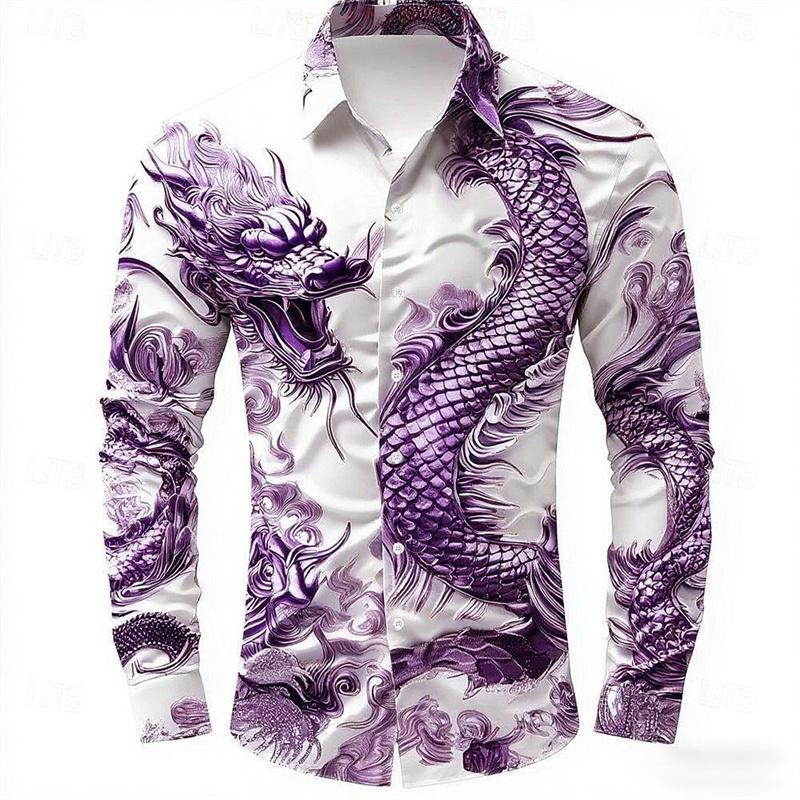 multicolour Dragon Men's Long Sleeve Shirt Button Fashion Casual Shirt Vacation Everyday Spring Lapel 3D Printed Men's Clothing