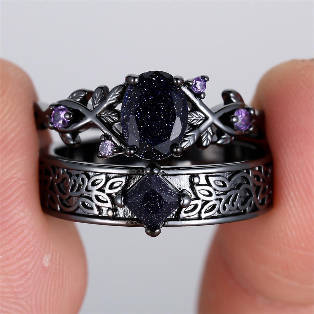 Royal Blue Crystal Oval Stone Purple Zircon Ring Sets For Women Black Metal Engagement Bands Wedding Jewelry Set Versatile Gifts