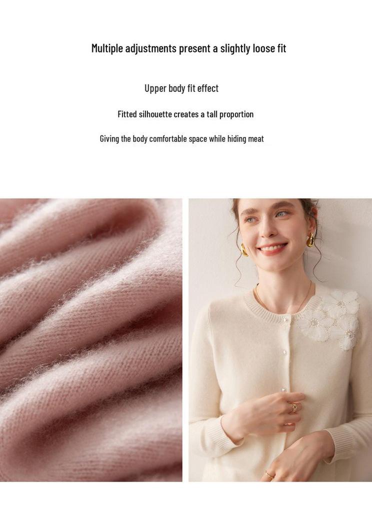 2025 Cashmere Women's Round Neck Cardigan - Pearl Flower Jacquard Design