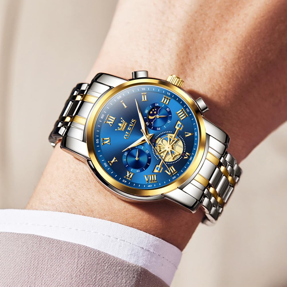 OLEVS Men's Stylish Chronograph Watch, Popular Brand for Business, Large, Easy-to-Read Analog, Waterproof Quartz Movement, Blue