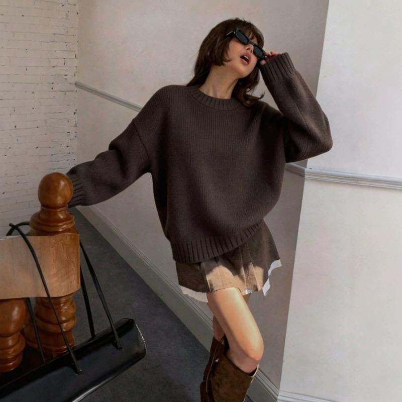 Pull Uni Manches Longues Col Rond Style Décontracté pour Femme