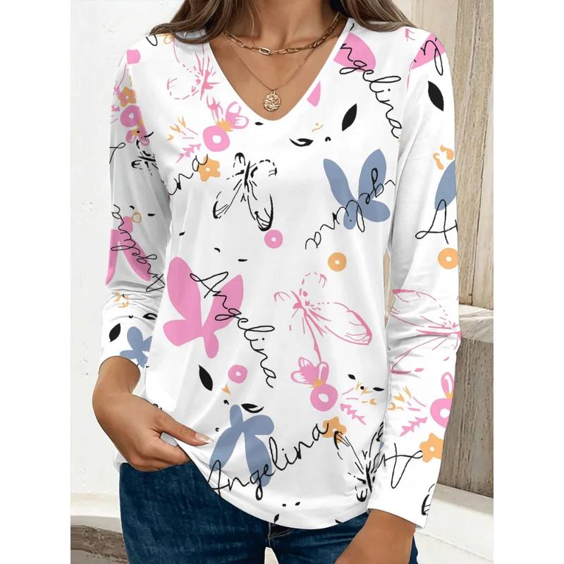 Fashion Women's V-Neck Long Sleeve 3D Casual Color Printing Casual Long Sleeve V-Neck T-Shirt