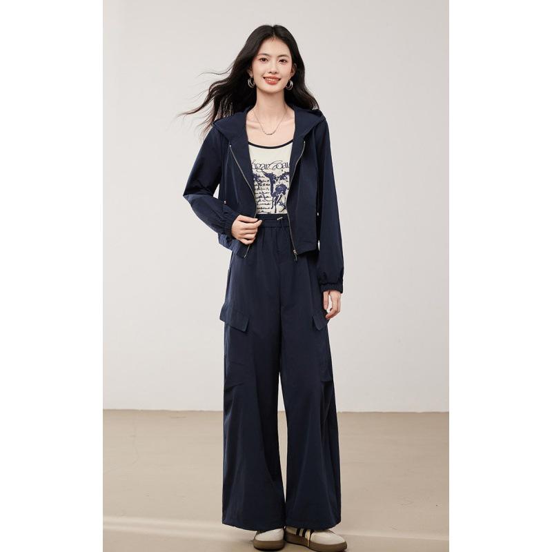 Women's Autumn Workwear-Inspired Sportswear Set: Cropped Jacket & Wide-Leg Pants