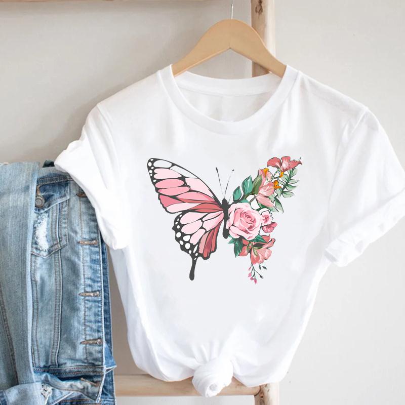 Watercolor Butterfly Tee Top Women Print Summer Fashion T-shirt Elegant Clothing Casual Short Sleeve Lady Female Graphic T-shirt