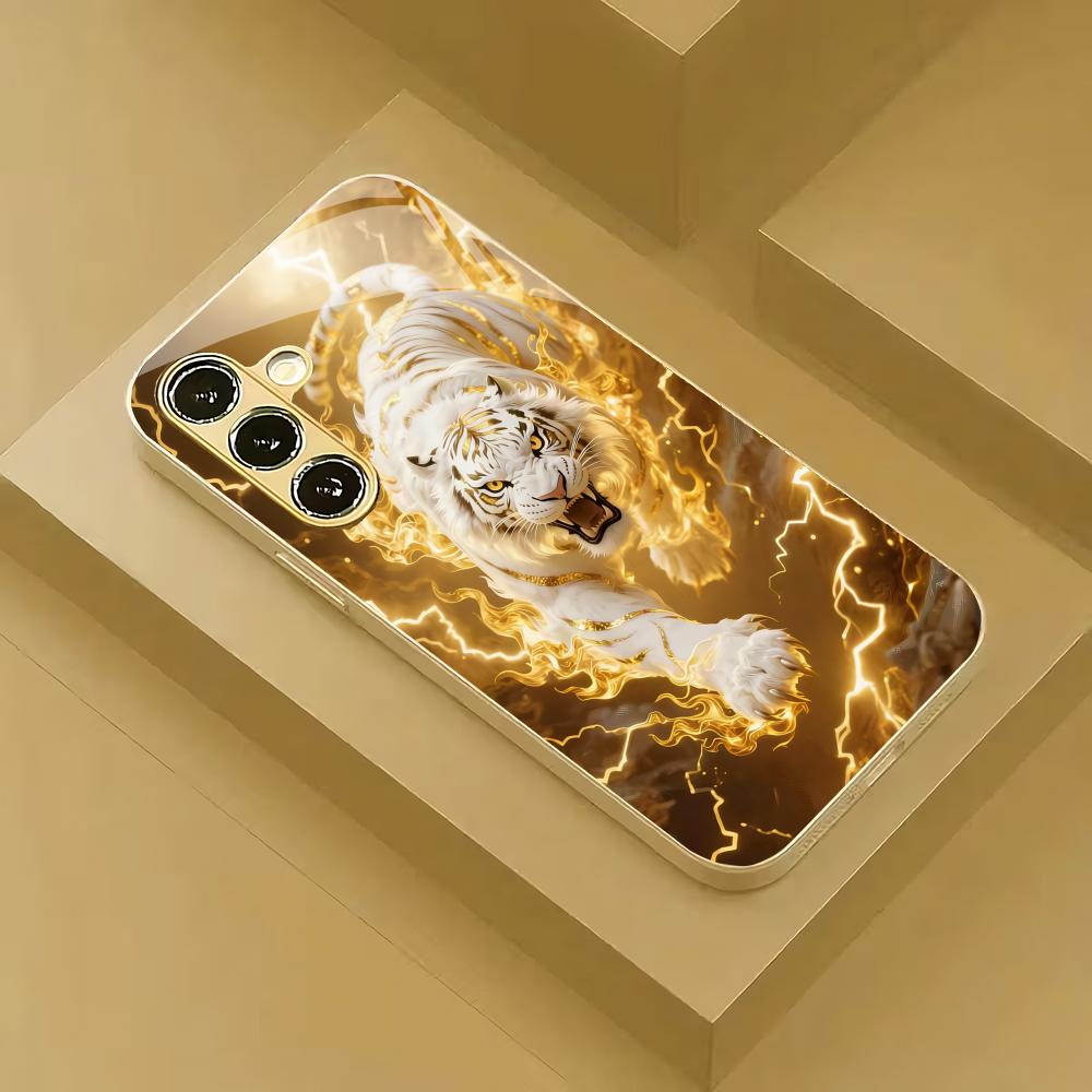 Tiger Design Electroplated Glass Phone Case Suitable for Samsung Galaxy S26 S25 S24 S22 S21 S20 FE/Ultra/Plus Scratch resistant