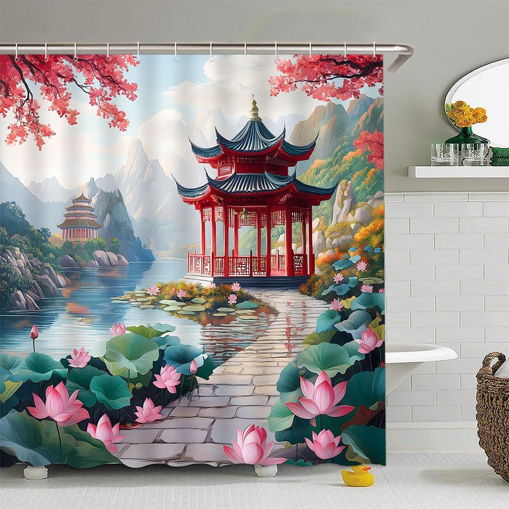 Chinese Garden Shower Curtain Japanese Lotus Floral Asian Cherry Blossom Oriental Mountain Ink Paintings Courtyard Pavilion