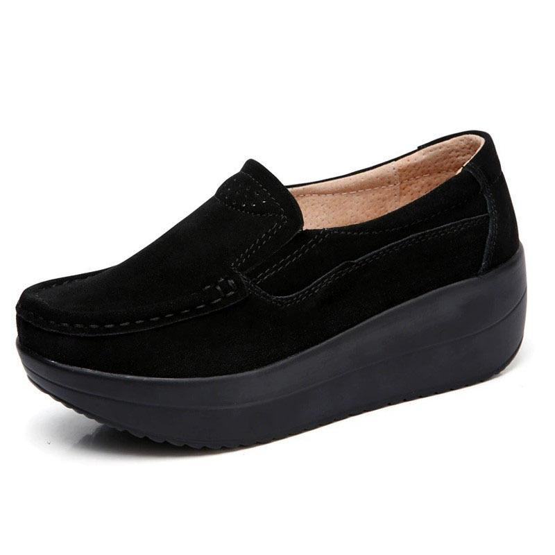 Cow Suede Slip-on Loafers Women Fashion Platform Shoes Non-slip Walking Rocker Shoes Elegant Mother Shoes