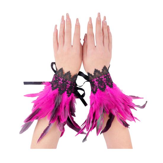 1 Pair Gothic Feather Wrist Cuff Gloves Feather Lace-Up Ribbons Halloween Party