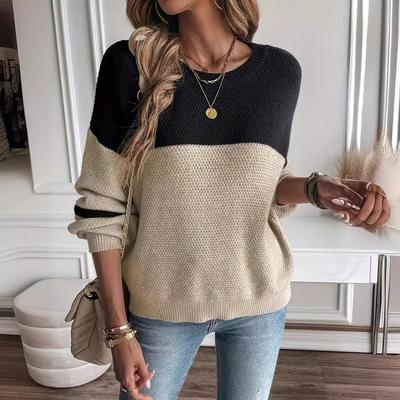 Women Knitting Sweaters Autumn Long Sleeve Keep Warm Round Neck Color Block Loose Casual Pullovers