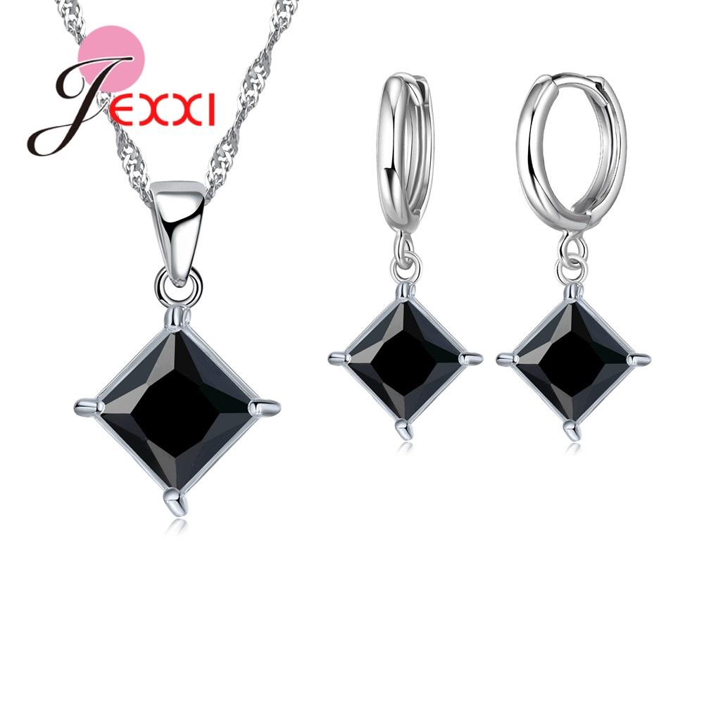 Exquisite Beautiful Colorful Square Crystal Girlfriend Gift Engagement Jewelry 925 Sterling Silver for Fashion Women чёрный