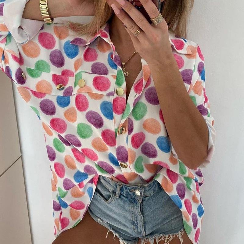 Autumn new European and American loose lapel women's shirt fashionable commuter print long-sleeved shirt women