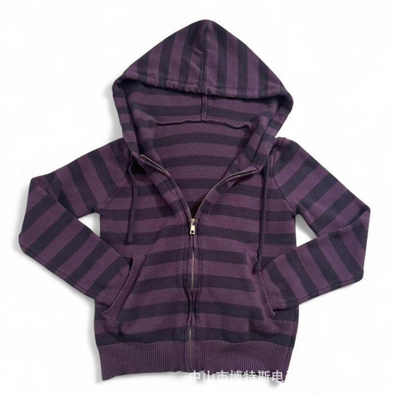 Purple Black Striped Hooded Zip-Up Sweatshirt