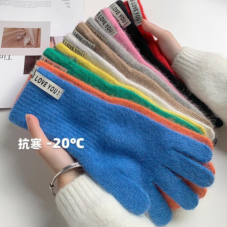 Dopamine dew finger gloves women's warm and cold-proof long winter solid color blended knitted five fingers