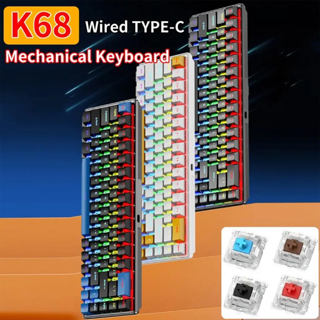 2025 new 68-key game mechanical keyboard mini 65% compact RGB backlit ergonomic wired film keyboard, suitable for laptop desktop