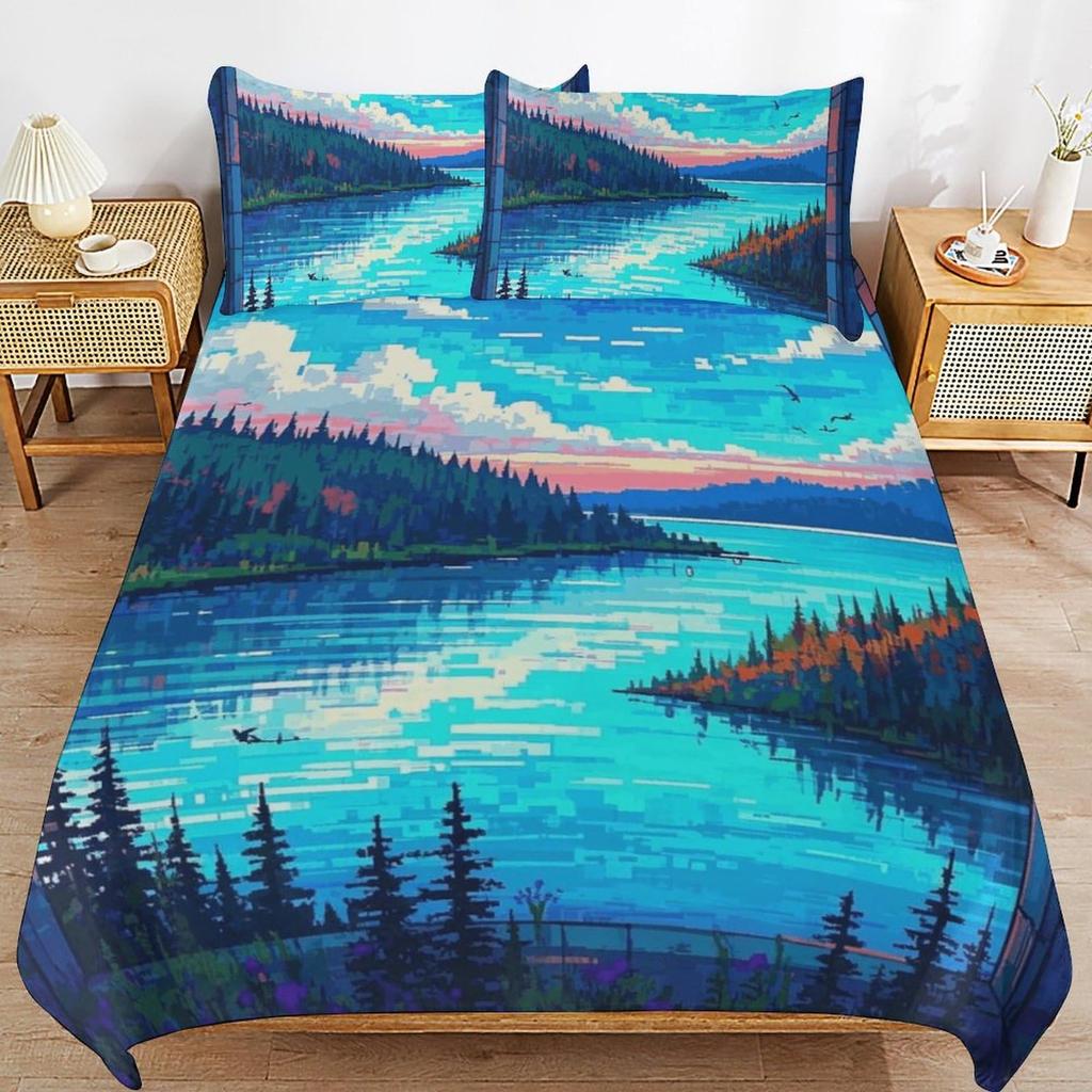 Lake Duvet Cover Sets for Kids Teens Queen Quilt Covers Lightweight Down Bedroom Decor 2 Pillowcases 1 Duvet Cover No Comforter