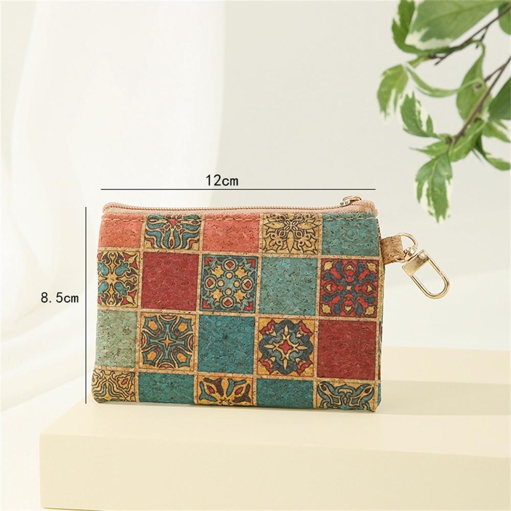 Retro Printed Coin Purse Women Men Cork Mini Wallet Small Bag Key Chain Ring Change Purses Zipper Money Bags Square Clutch Bag