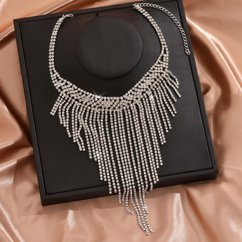 Stylish Full Diamond Neck Chain, Exquisite Flash Diamond Bundle Neck Chain, Long Fringed Rhinestone Collarbone Necklace, Neck Chain For Women