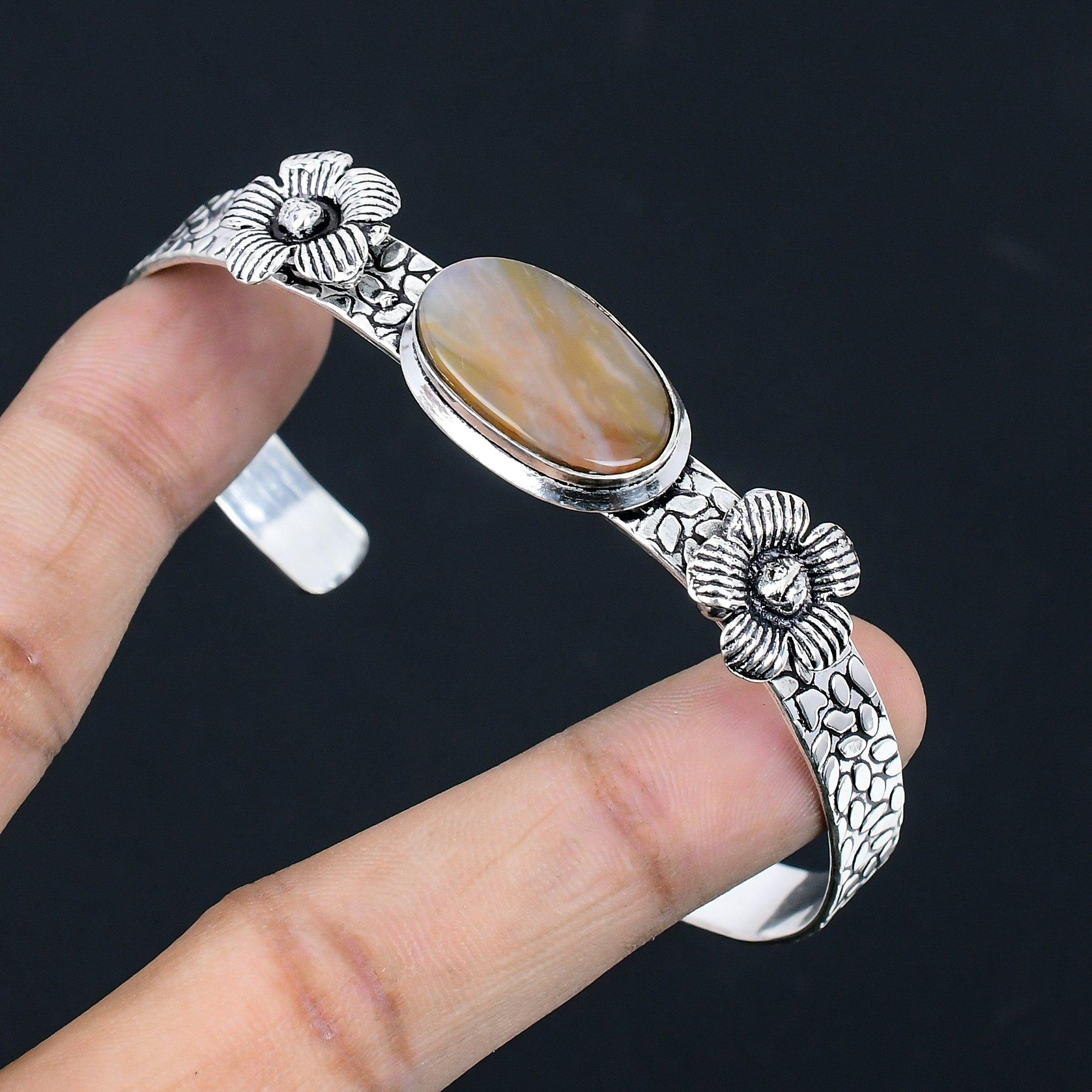 

Mothers day Deal 925 Silver Landscape Jasper Gemstone New Flower Bangle Bracelet Adjustable