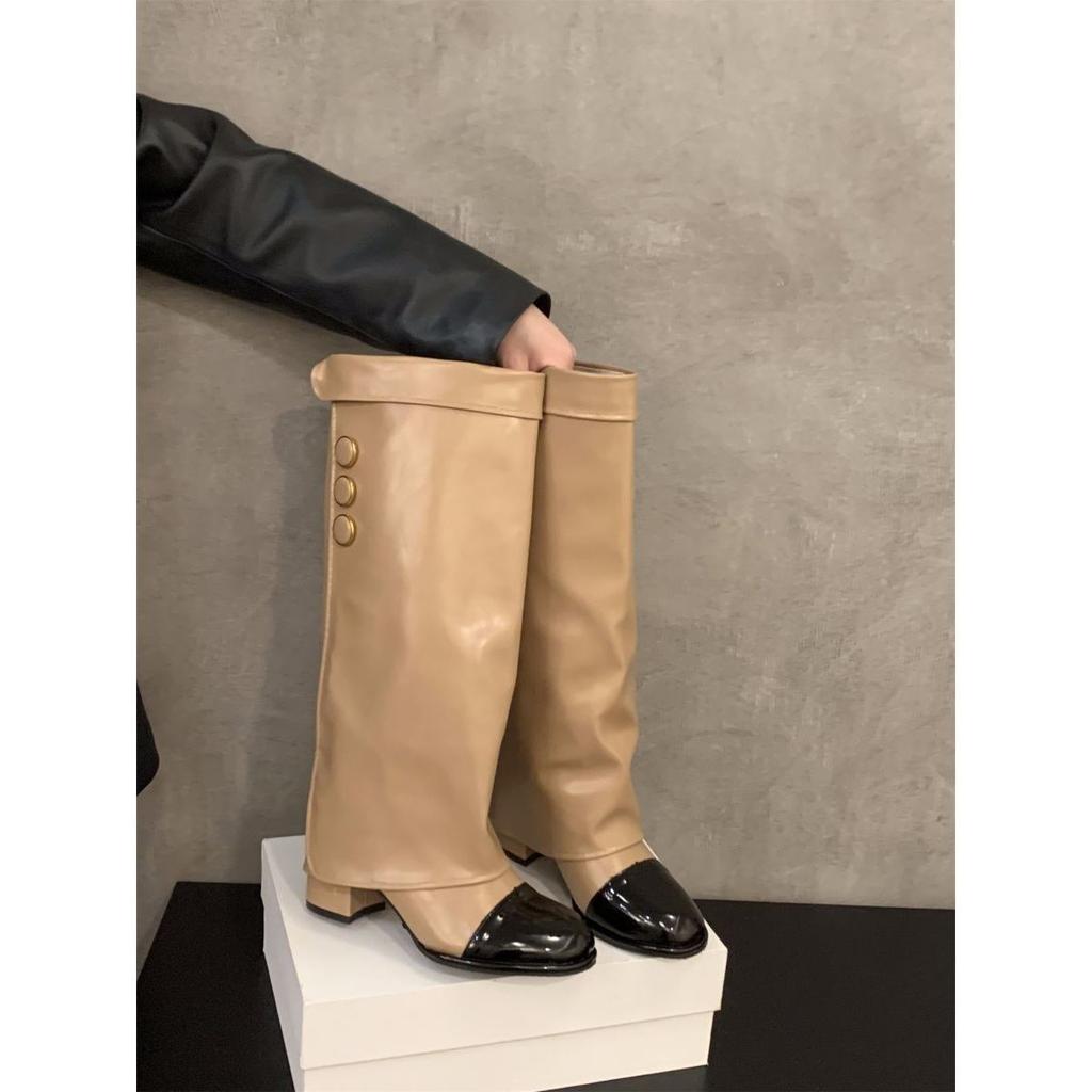 High-heeled small fragrant wind color matching high knight boots women's shoes 2025 new spring, autumn and winter khaki long tube boots