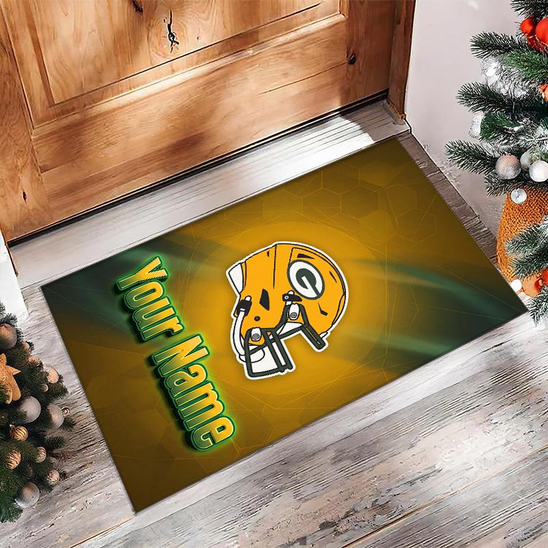 Green Bay Packers Crystal Velvet Rug, Custom Name Text Personalized Non‑Slip Floor Mat for Home Decor Gift