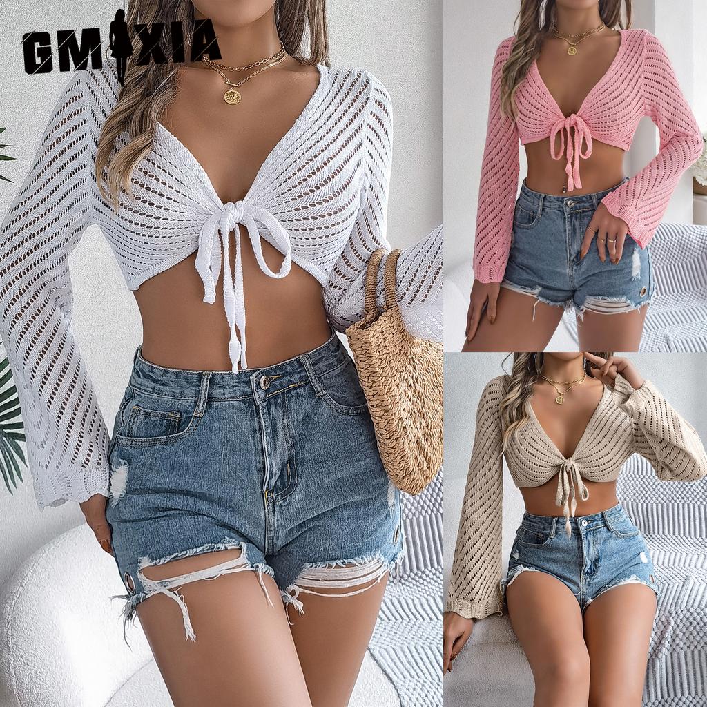 GMXIA Summer Hollowed-out Striped Tie Long-sleeved Crop Top Knitted Cardigan for Women with Sun Protection