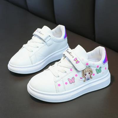 Fashion Children's Little White Shoes Korean Style Cartoon Girls Print 3-12Y Students Casual Sneakers PU Leather Waterproof Board Shoes