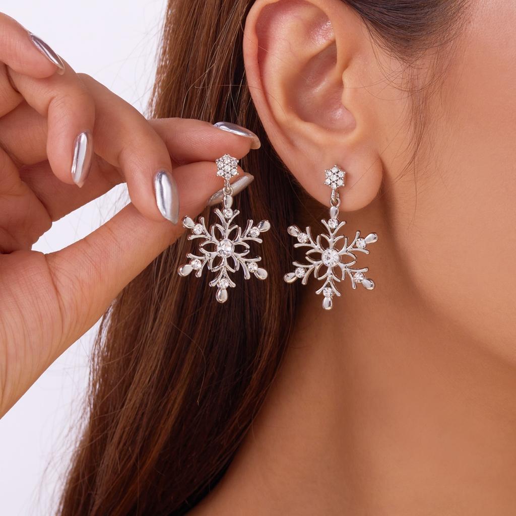 Christmas Colorful Rhinestone Imitation Pearl Snowflake Stud Earrings Exquisite Winter Snow Flower Earring For Women Men Jewelry