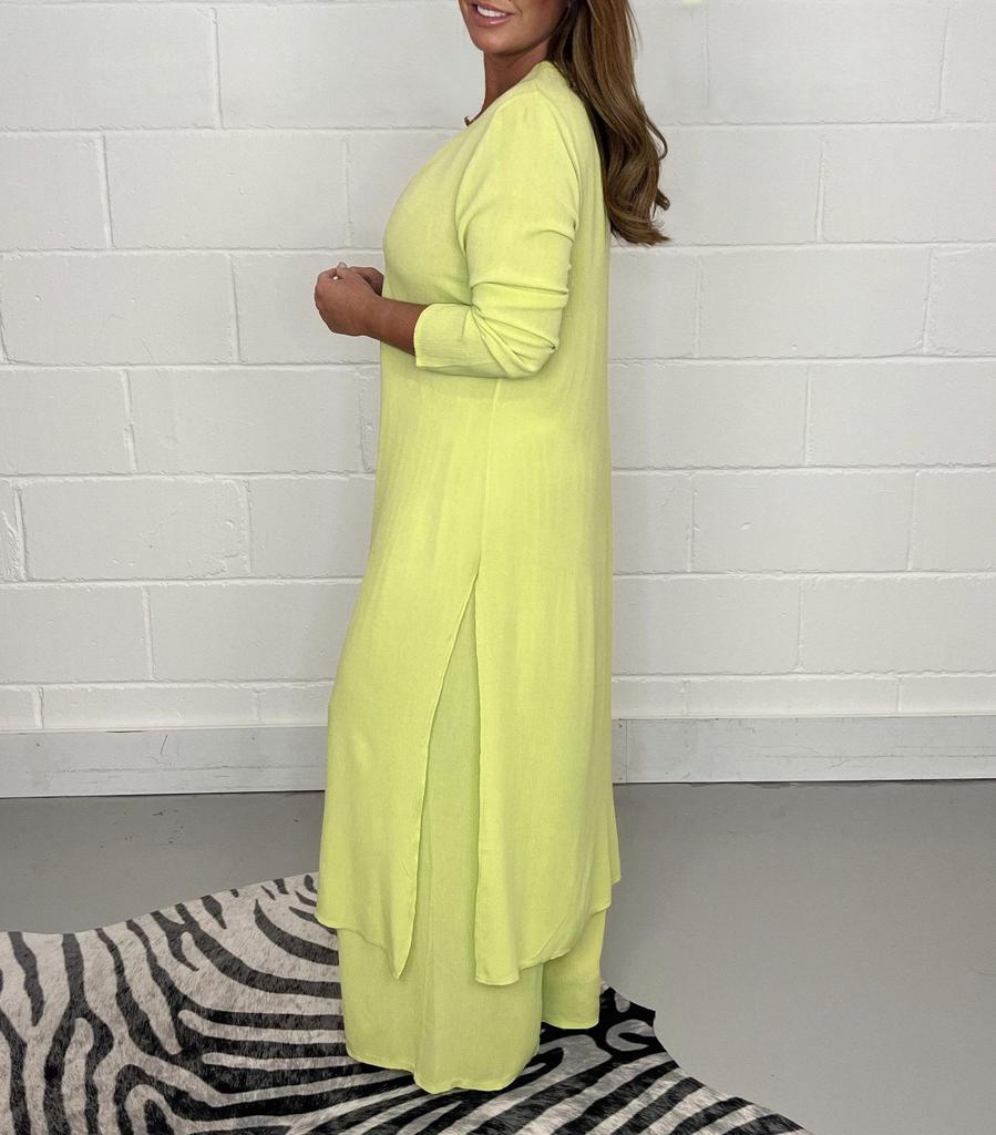 Women's V-Neck Long-Sleeve Slit Top with Wide-Leg Pants - Summer Solid Color Set