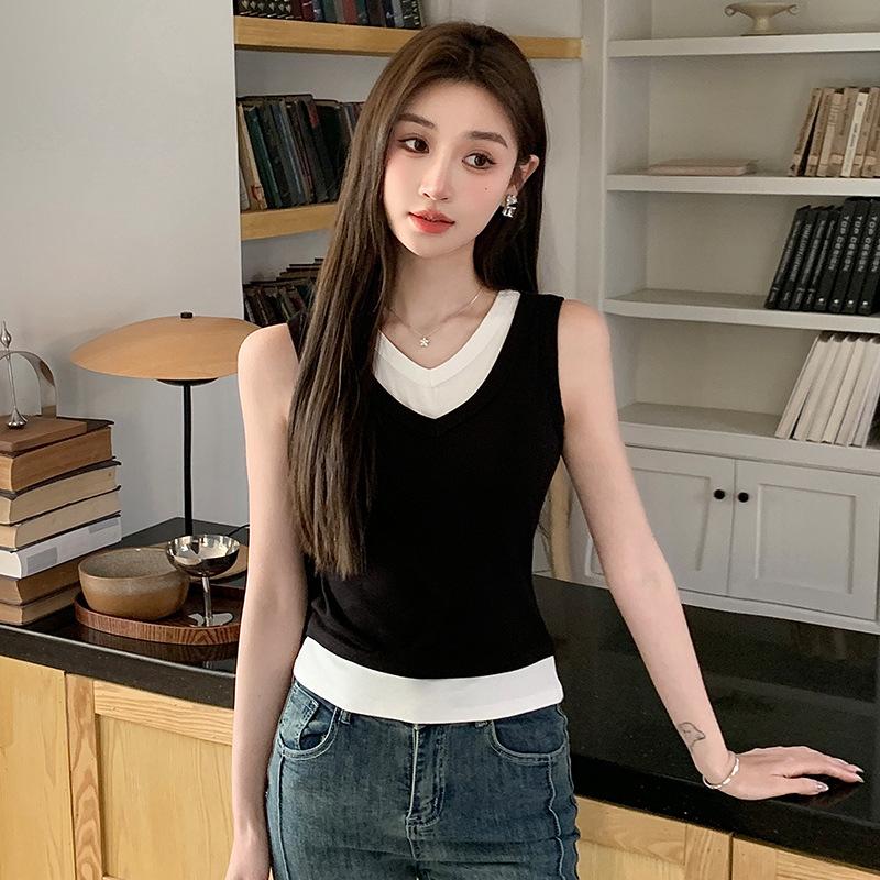 

878 Color Collision False Two Pieces V-образный вырез майка женская весна и лето тонкий тонкий внутри с бюстгальтерными подушечками снаружи нижняя часть верха XL(60-70)kg чёрный