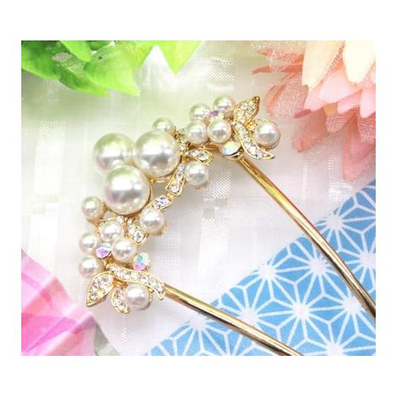 Miaomyao U-Shaped Hairpin, Japanese Style Hair Accessory for Yukata/Kimono, Pearl Hair Comb, Antique Pink Gold, Flower Motif, Cubic Zirconia, Alloy,