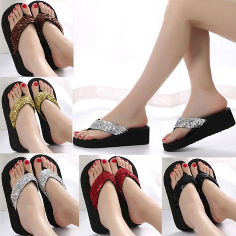Sequins Summer Womens Antislip Sandals Girl Wedge Heels Slippers Flipflops Us