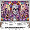2D Flat, Vivid Day of the Dead Party Banner - Colorful Sugar Skull and Flower Design, Polyester Background Fabric